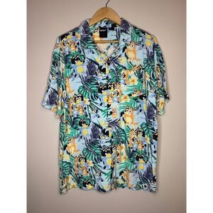 Bluey Heeler Family Tropical Hawaiian‎ Button Down Shirt Mens Large Rayon Blue